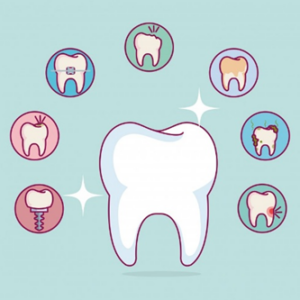 Cute graphic of a tooth surrounded by depictions of dental health issues